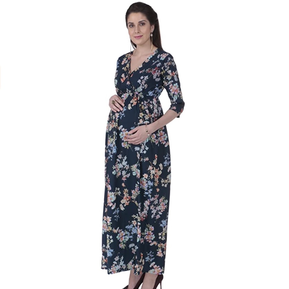 NEW Mom-To-Be Women's Long 3/4th Sleeves Maternity Dress Small Blue Print